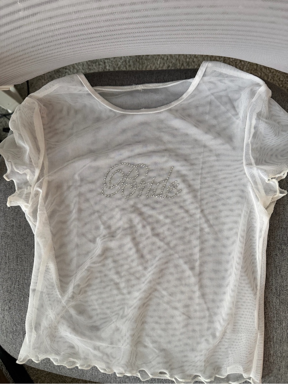 Sheer White 'Bride' Rhinestone Mesh Top